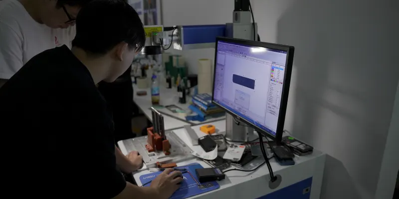 工作人员操作激光设备处理手机边框